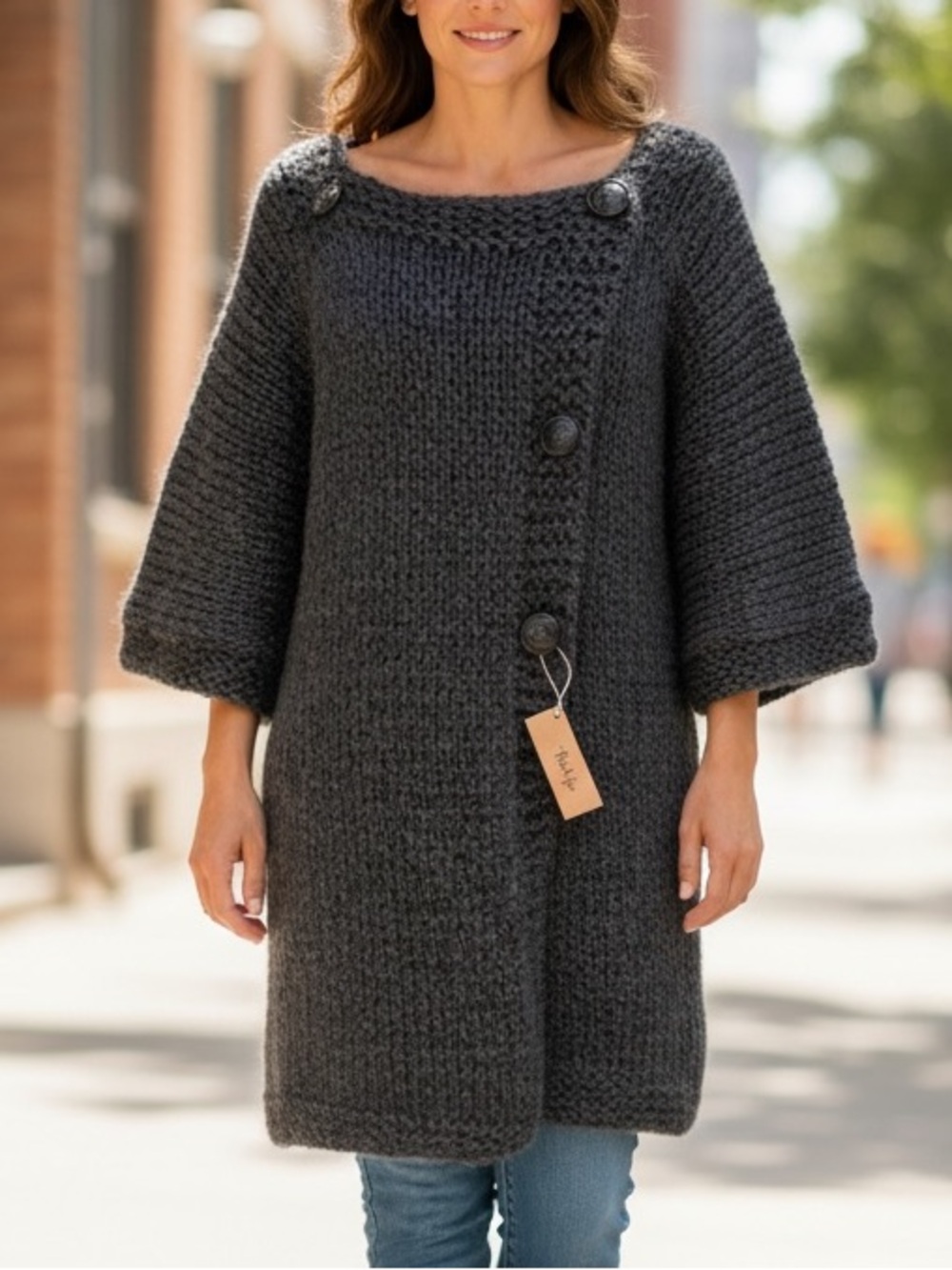Hand Knit handcrafted grey wool acrylic blend sweater dress size M